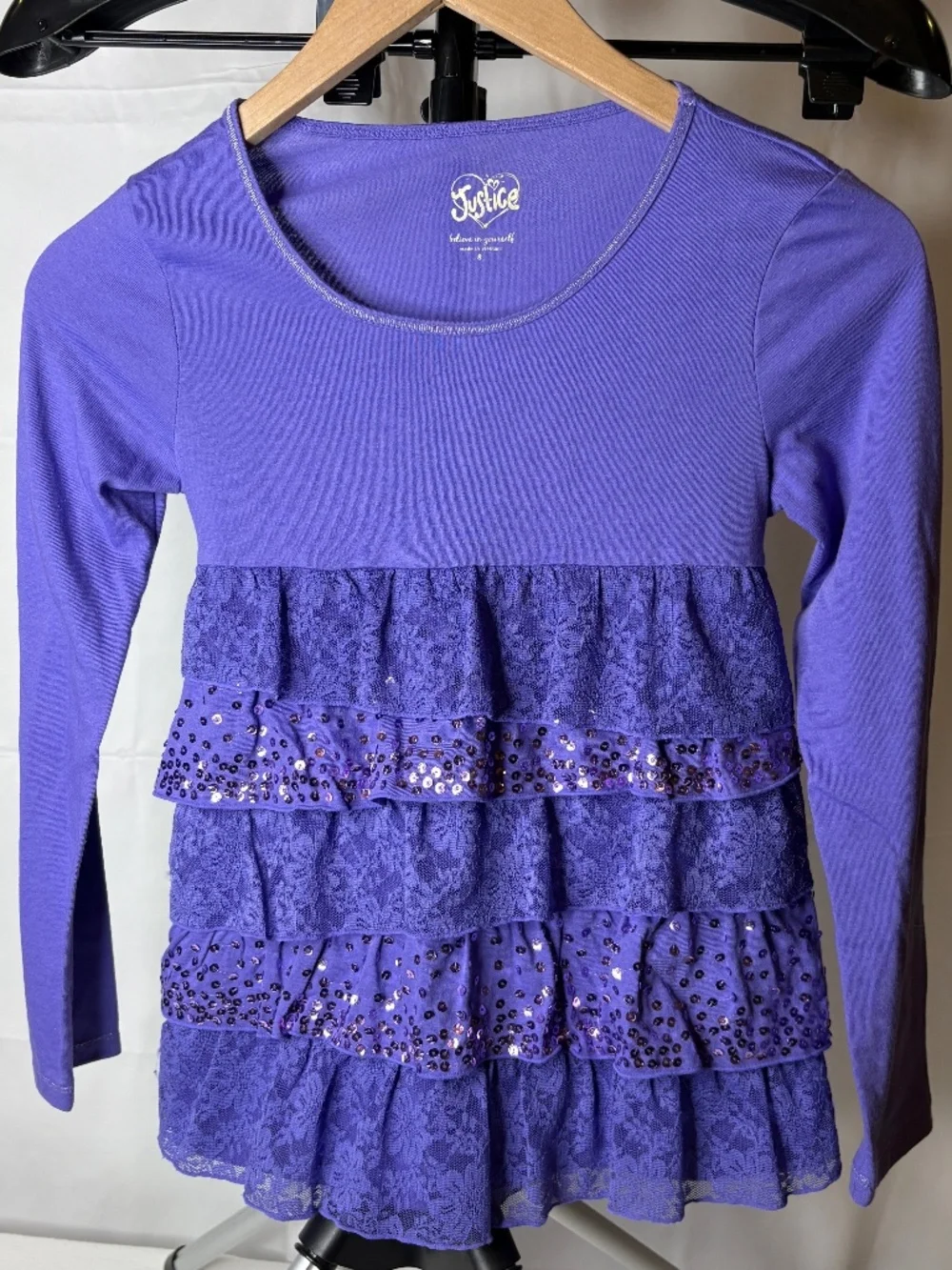 Justice Girls 8 Purple Long Sleeve Tiered Ruffle Lace Sequin Dressy Shirt Top